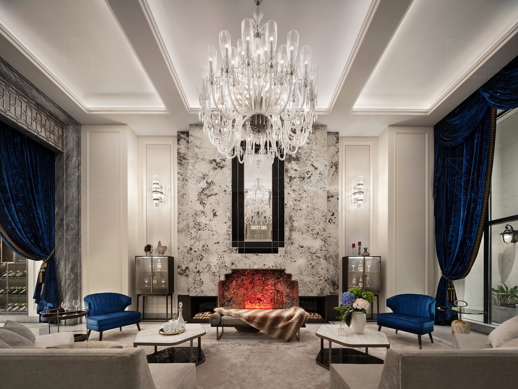 Principal salon at Huangpu Yuan — crystal chandelier, marble fireplace wall, sapphire velvet drapery