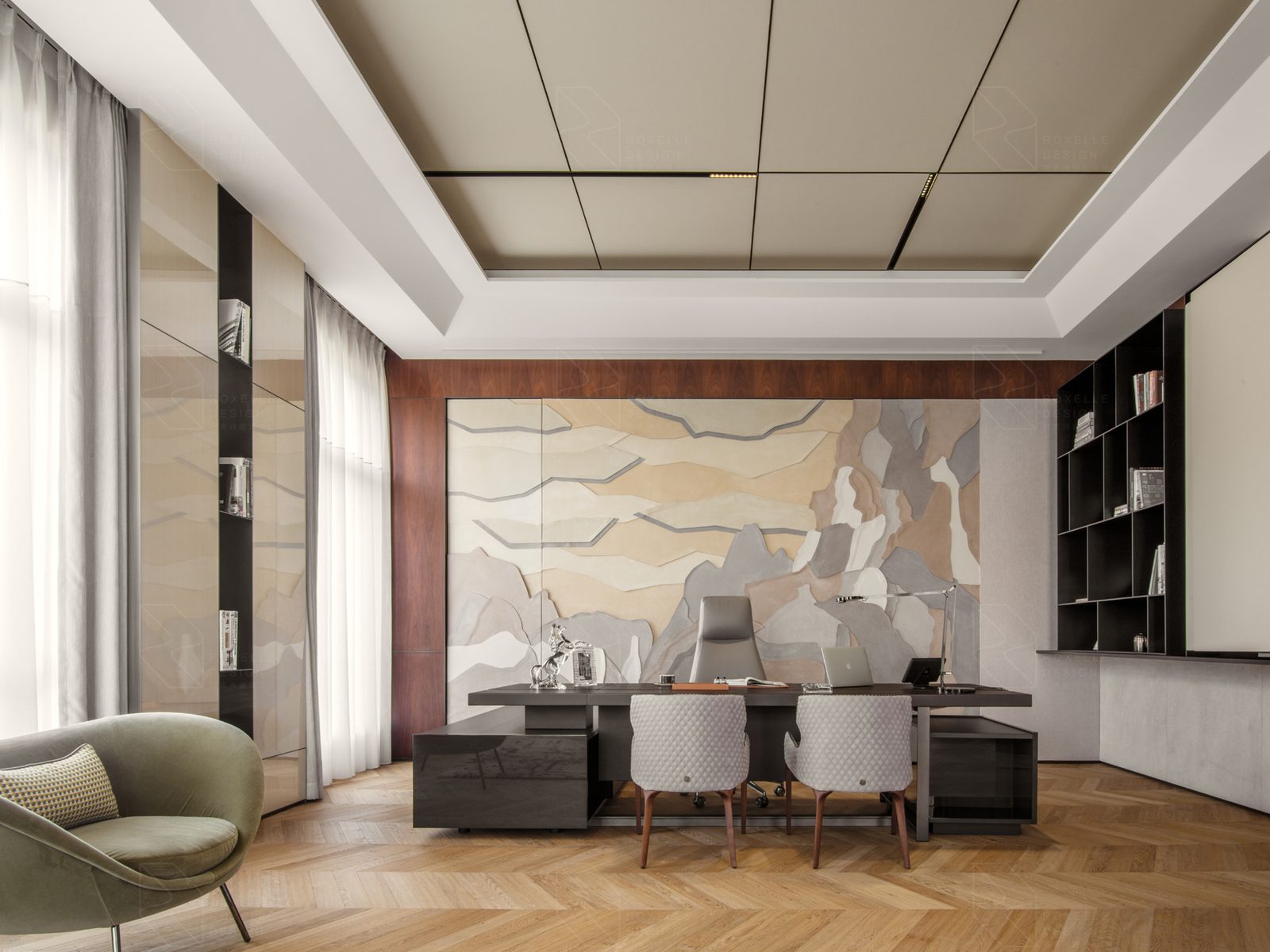 Meeting room with herringbone floor and art wall