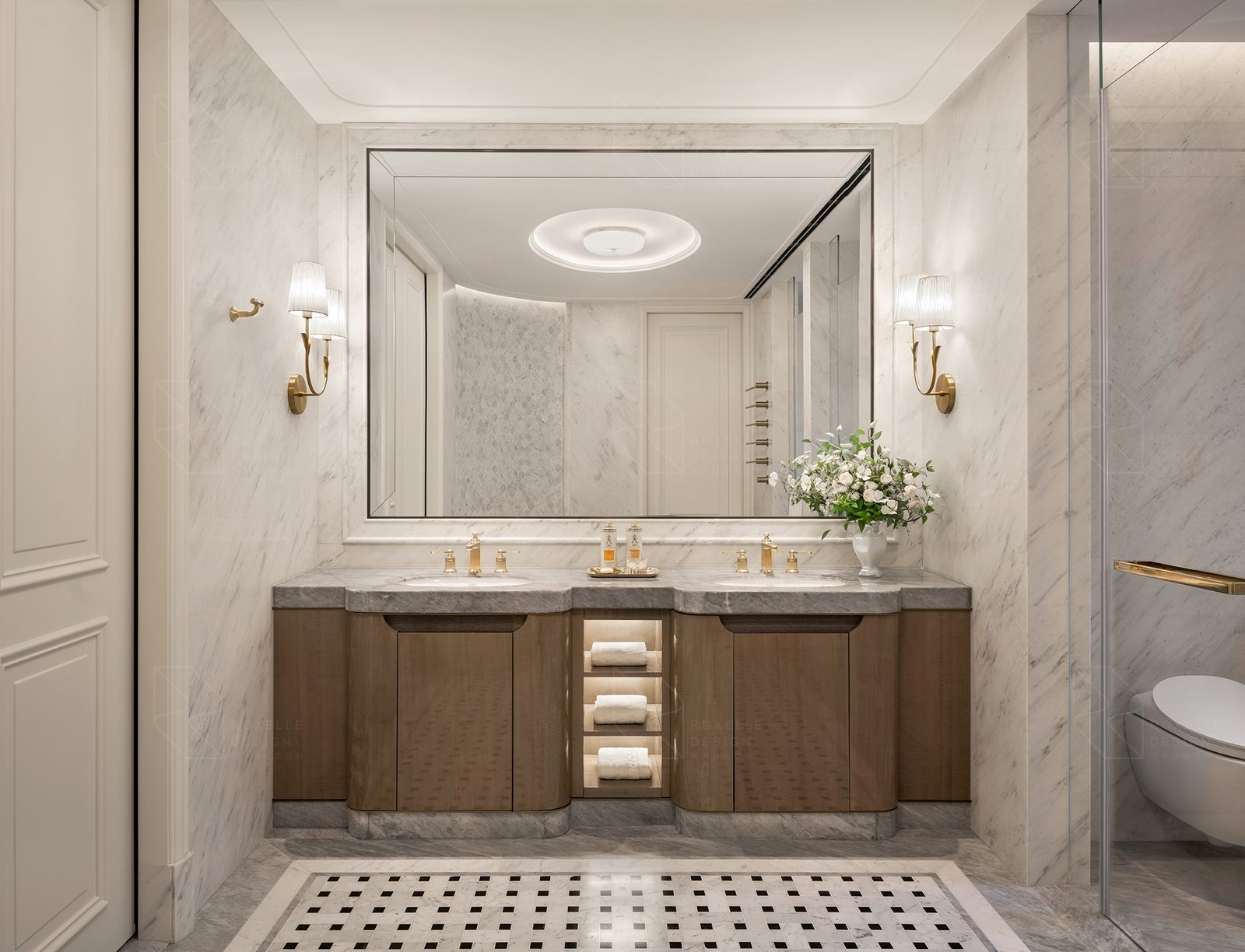 Marble bathroom with double vanity