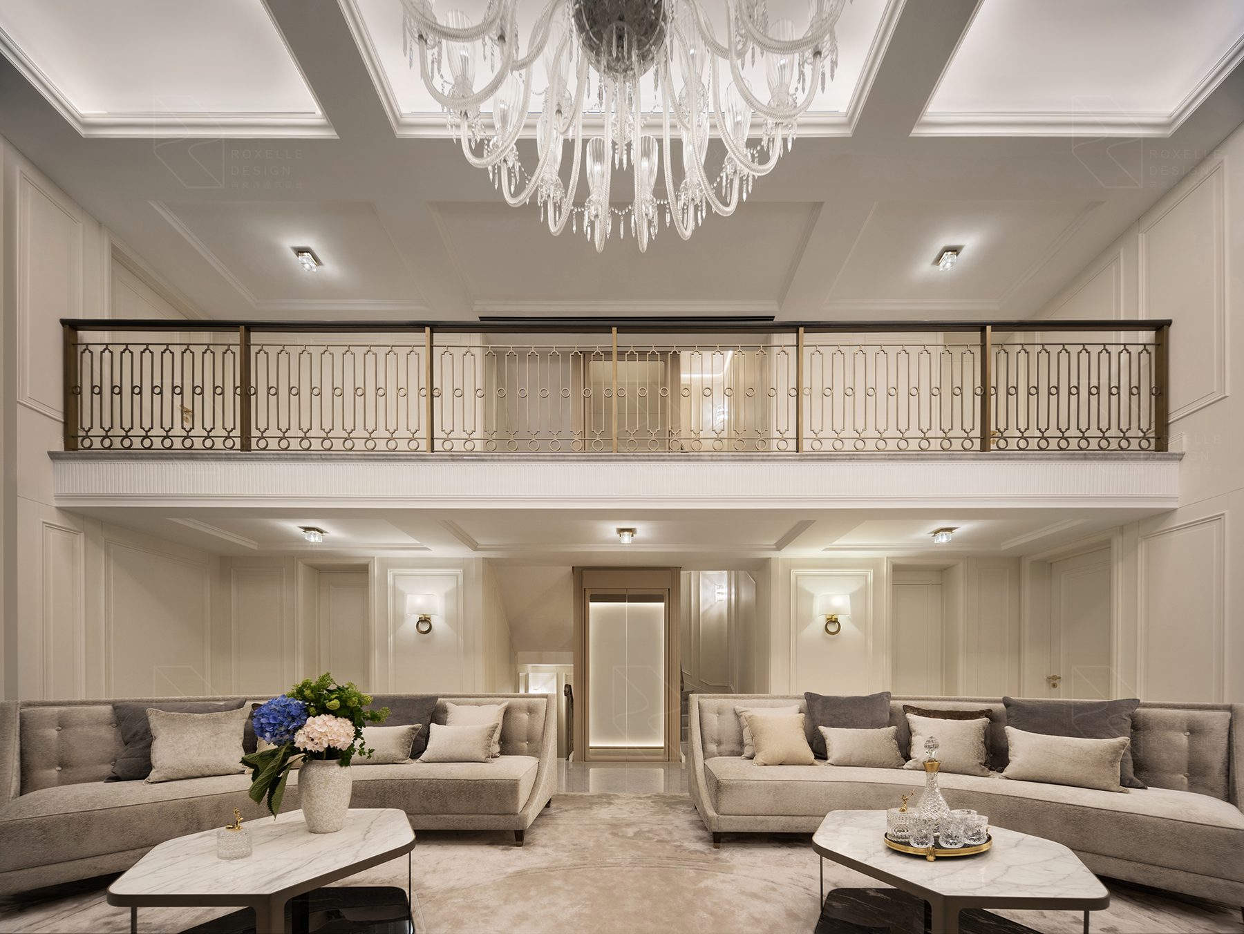 Double-height reception with mezzanine